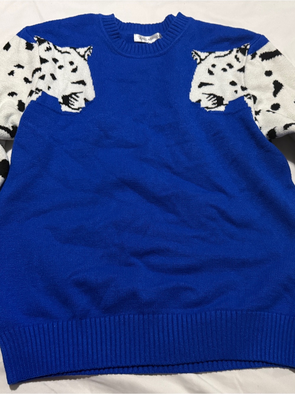 Bright Blue Crewneck Sweater with Animal-Accent Sleeves